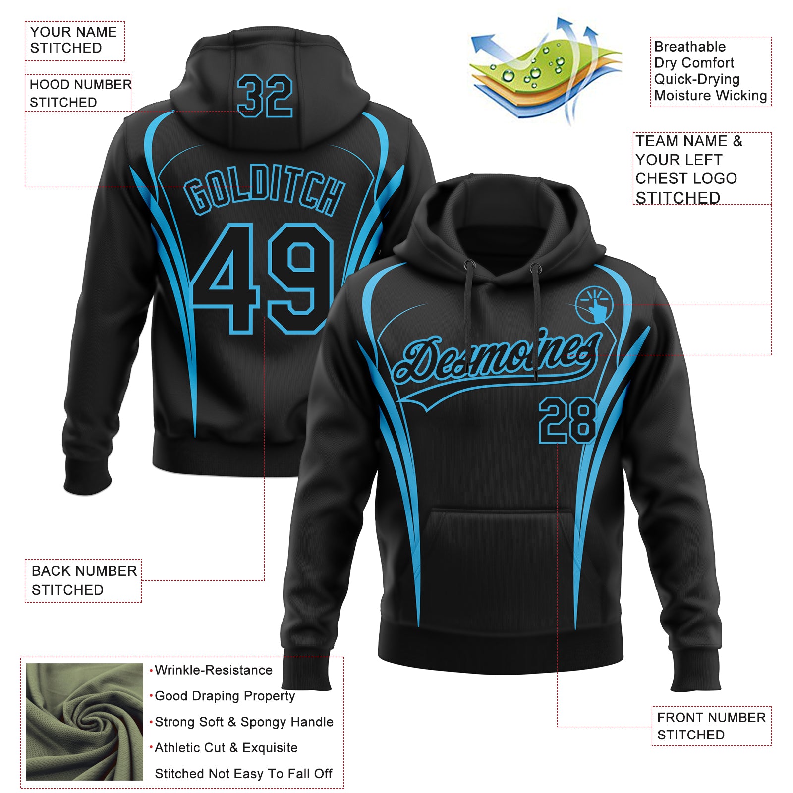 Custom Stitched Black Sky Blue E-sports Pattern Pullover Sweatshirt Hoodie