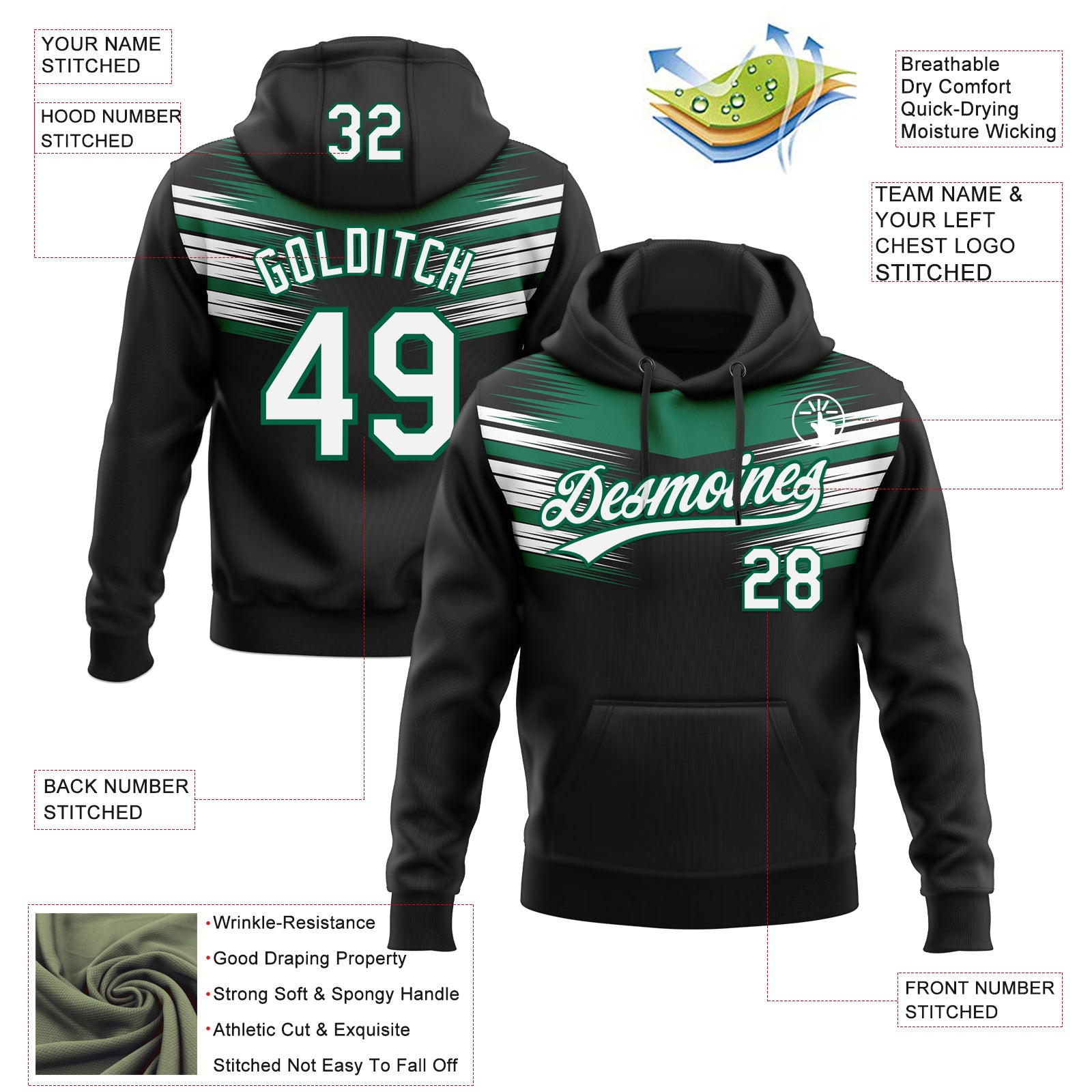 Custom Stitched Black White-Kelly Green E-sports Pattern Pullover Sweatshirt Hoodie