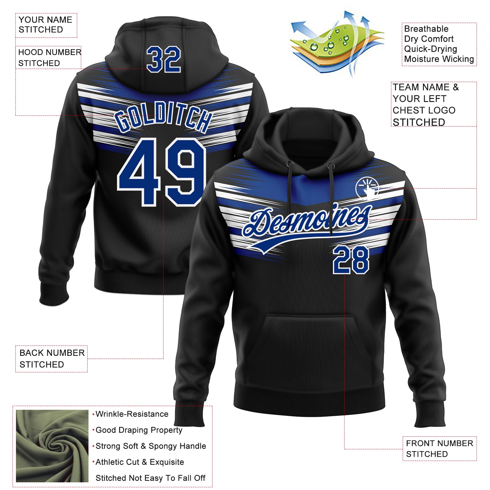 Custom Stitched Black Royal-White E-sports Pattern Pullover Sweatshirt Hoodie