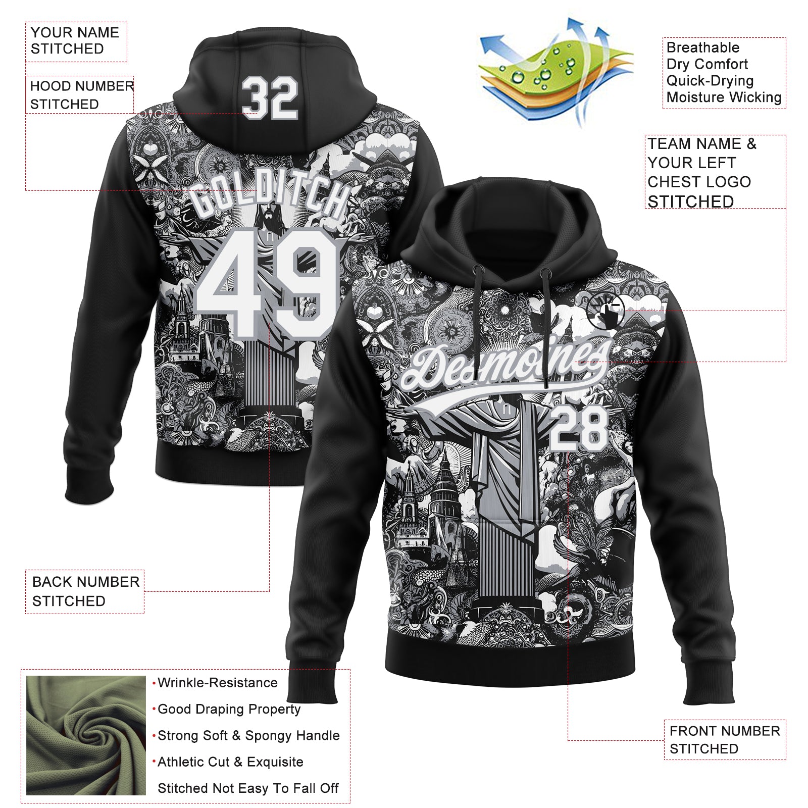 Custom Stitched Black White-Gray Religion Jesus Christ Pullover Sweatshirt Hoodie