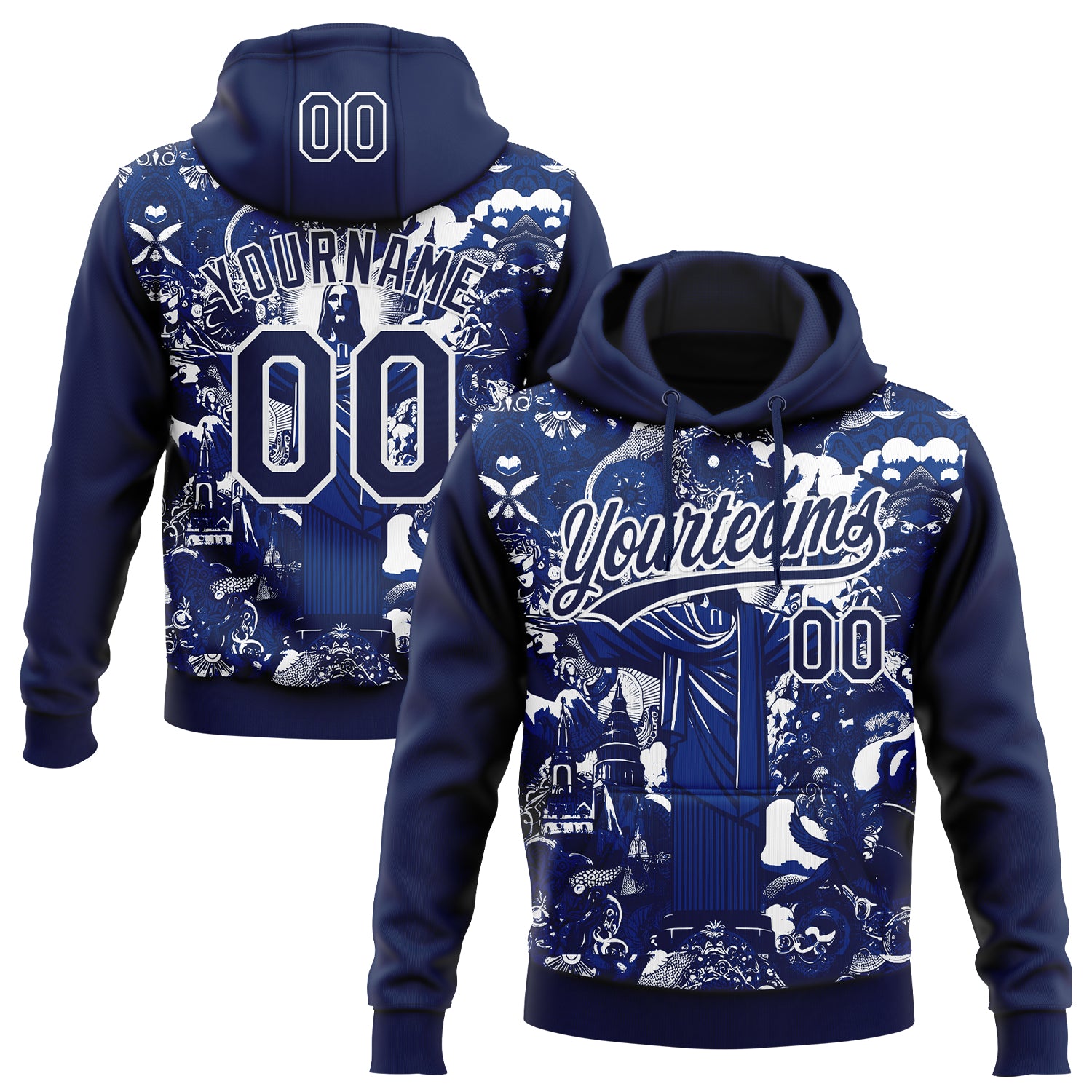 Custom Stitched Navy Royal-White Religion Jesus Christ Pullover Sweatshirt Hoodie