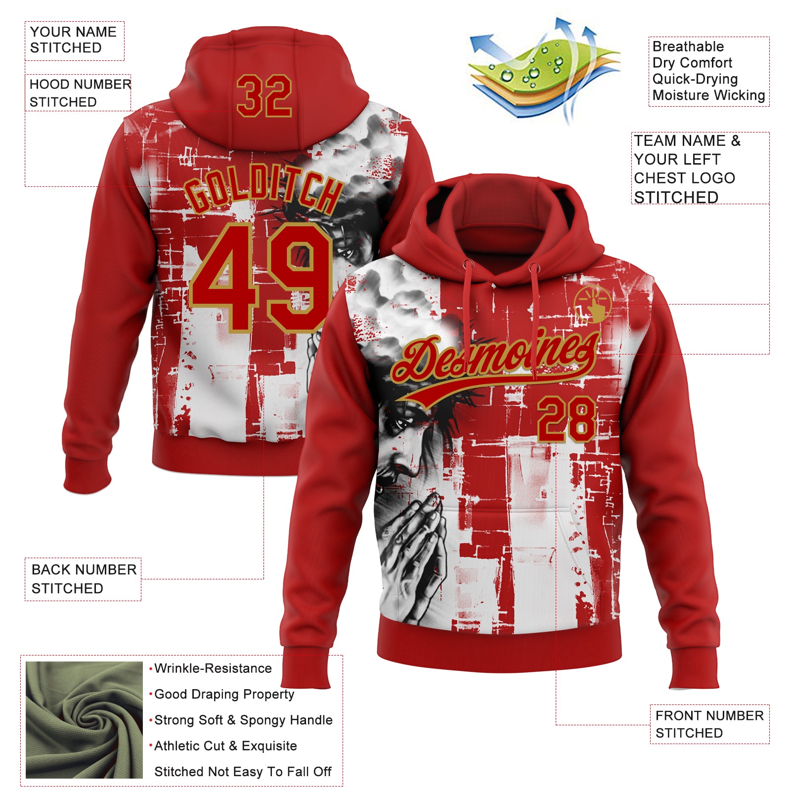 Custom Stitched Red Old Gold Black-White Religion Jesus Christ Pullover Sweatshirt Hoodie