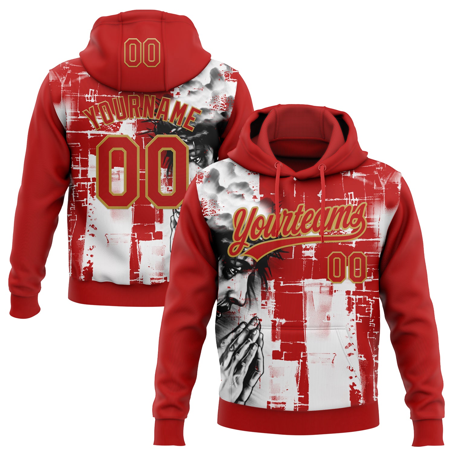 Custom Stitched Red Old Gold Black-White Religion Jesus Christ Pullover Sweatshirt Hoodie