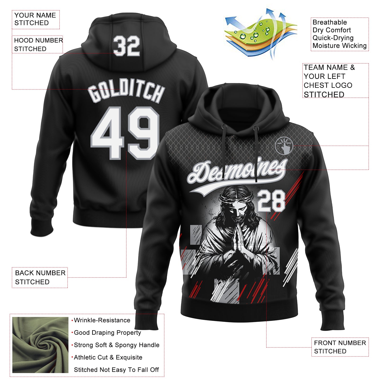 Custom Stitched Black White Gray-Red Religion Jesus Christ Pullover Sweatshirt Hoodie