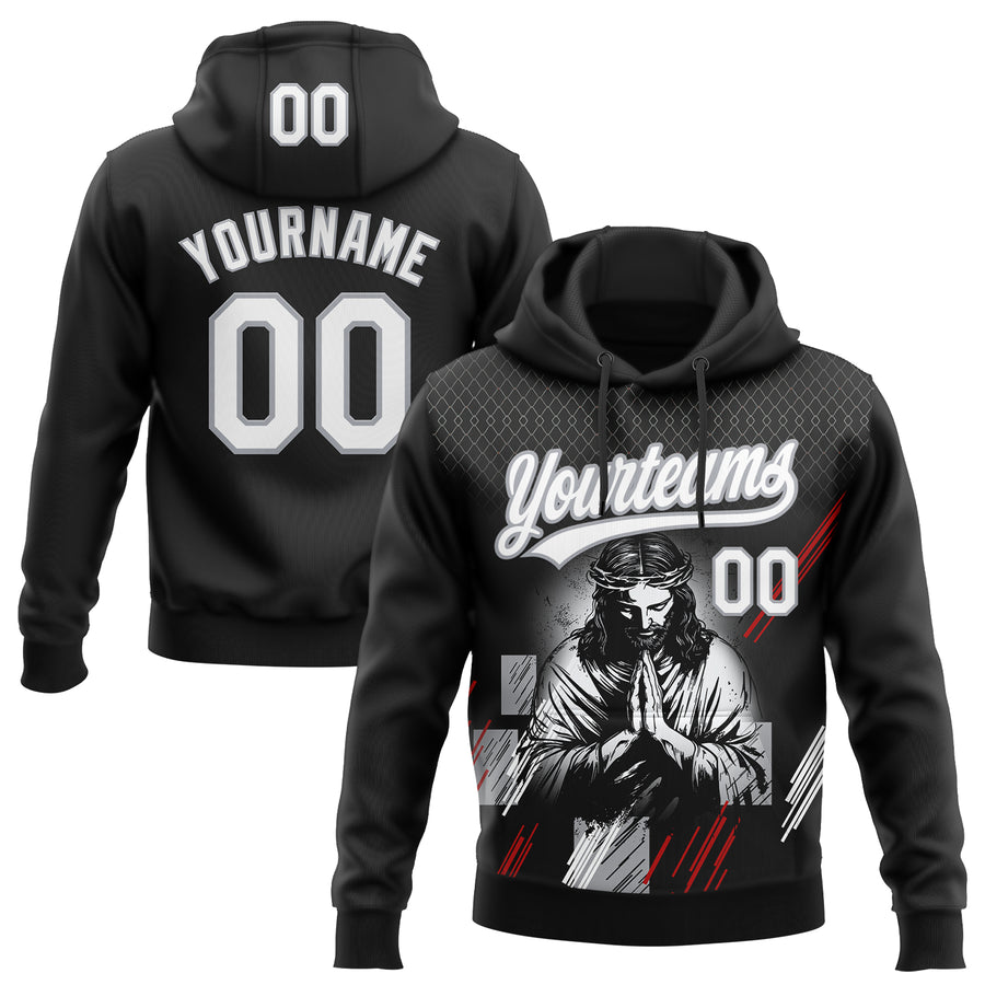 Custom Stitched Black White Gray-Red Religion Jesus Christ Pullover Sweatshirt Hoodie