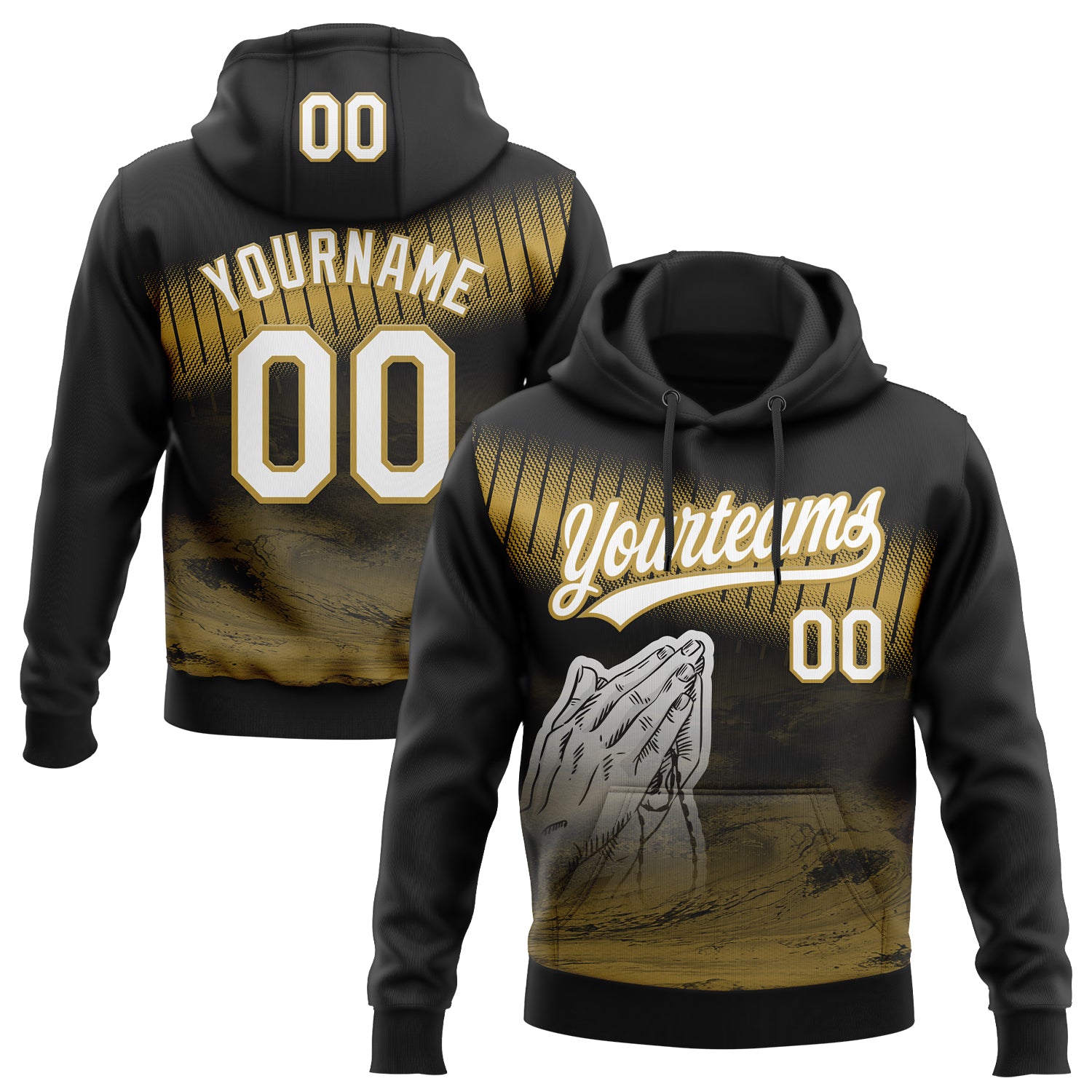 Custom Stitched Black White-Old Gold Religion Praying Hands Pullover Sweatshirt Hoodie