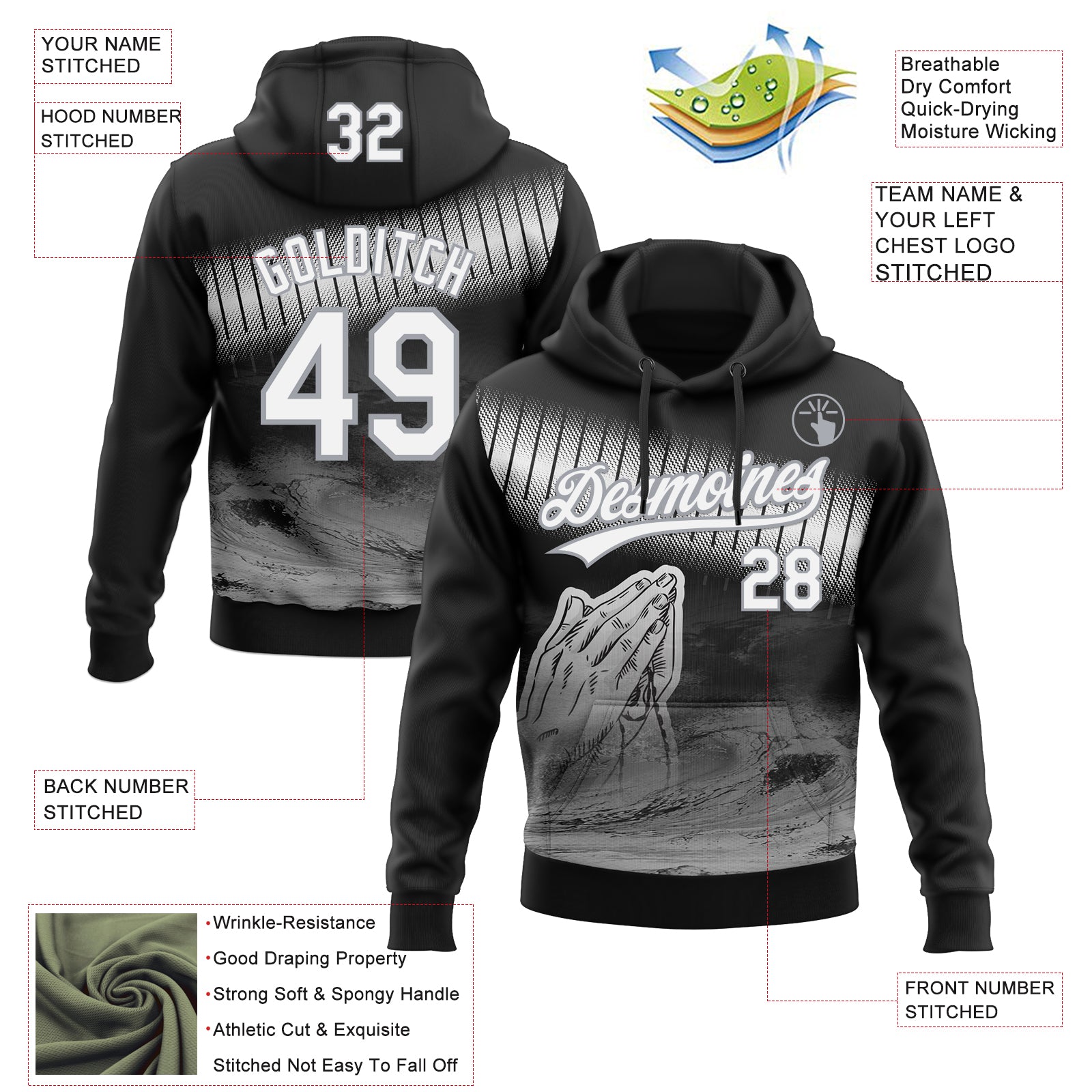 Custom Stitched Black White-Gray Religion Praying Hands Pullover Sweatshirt Hoodie