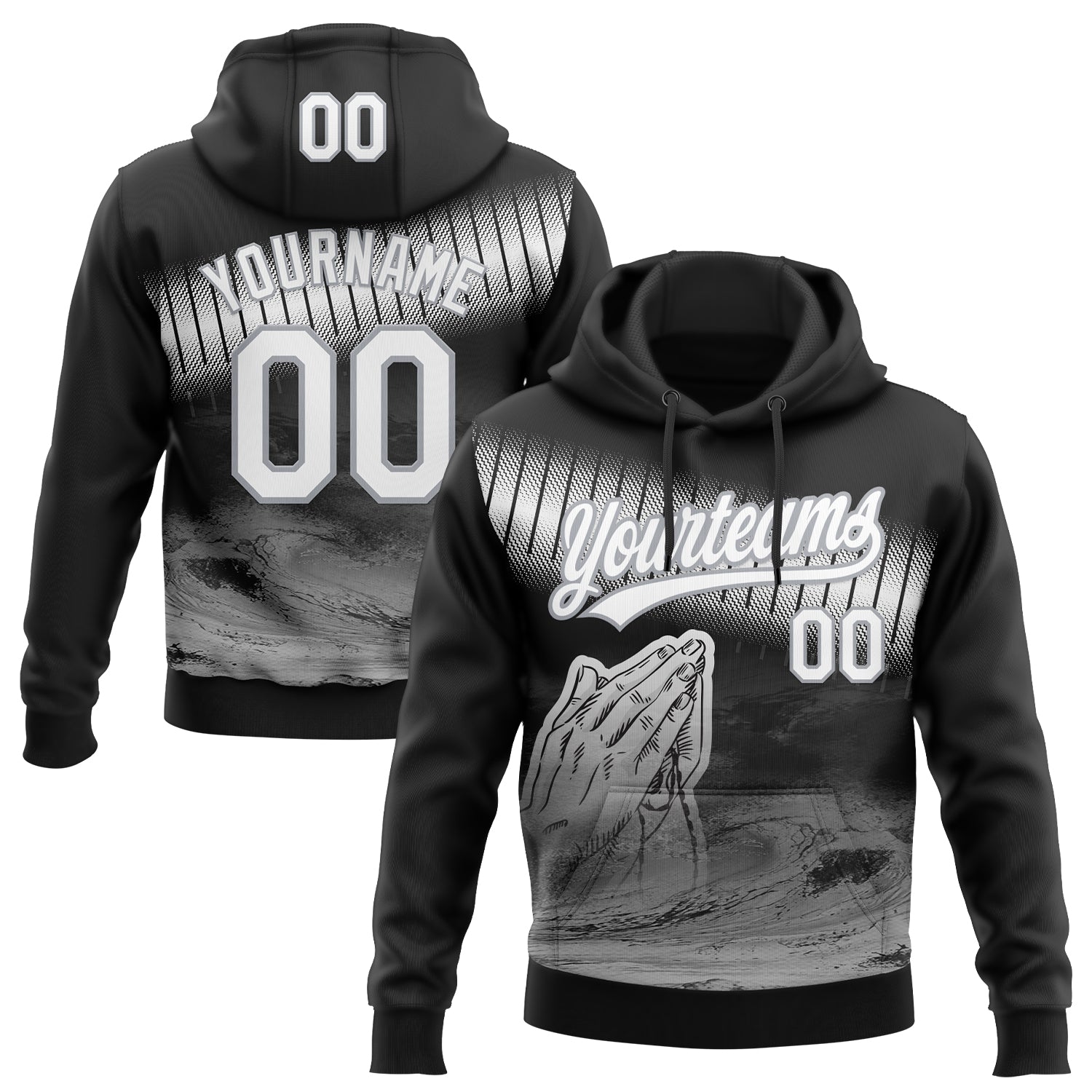Custom Stitched Black White-Gray Religion Praying Hands Pullover Sweatshirt Hoodie
