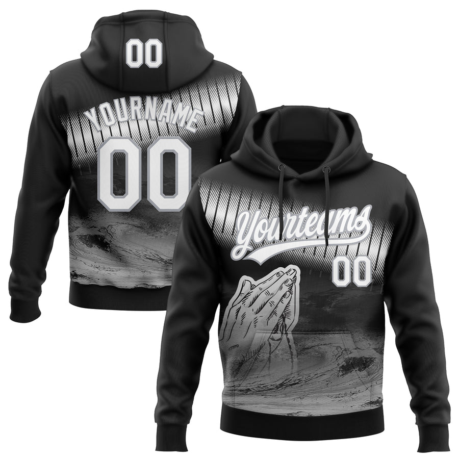 Custom Stitched Black White-Gray Religion Praying Hands Pullover Sweatshirt Hoodie