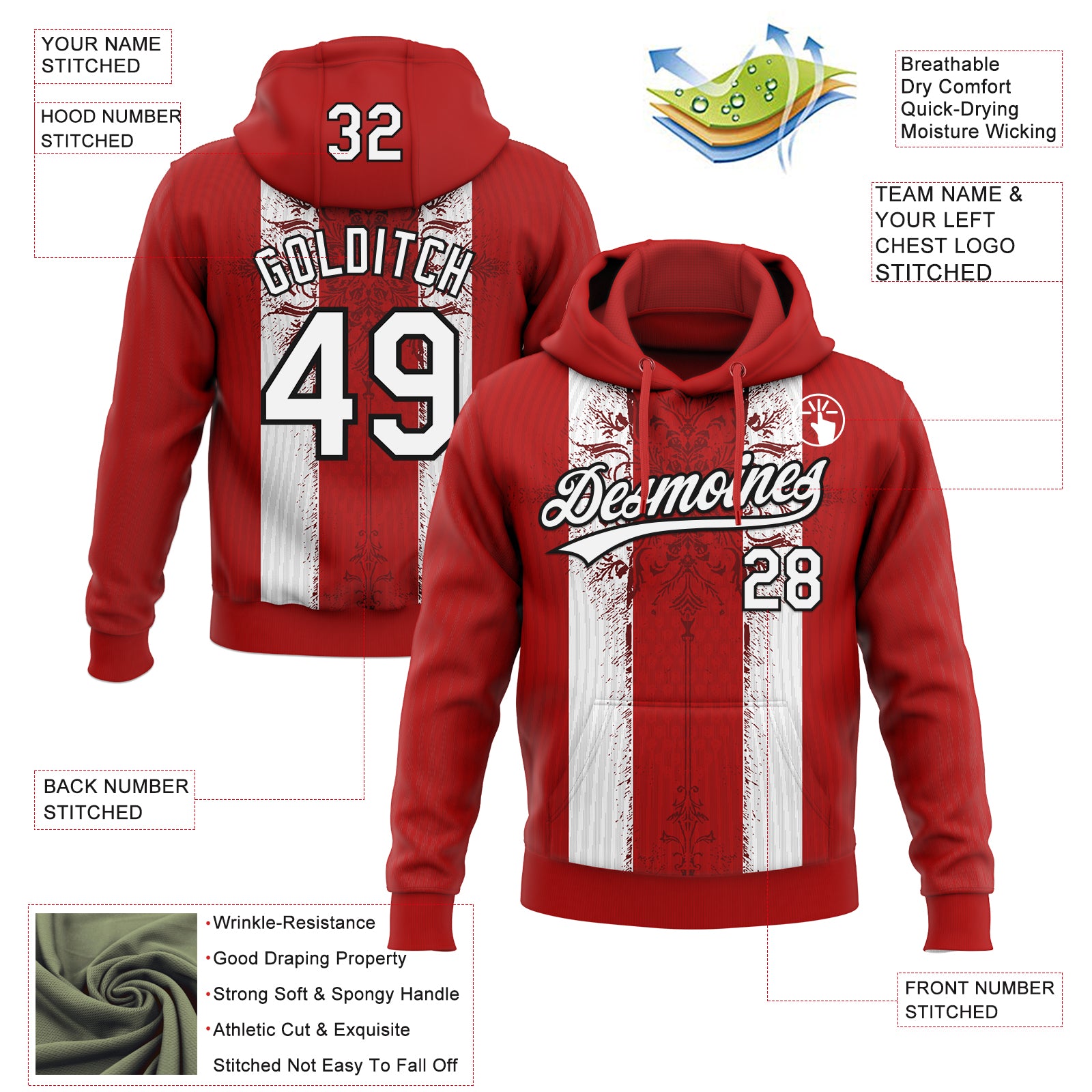 Custom Stitched Red White-Black Retro Medieval Pullover Sweatshirt Hoodie