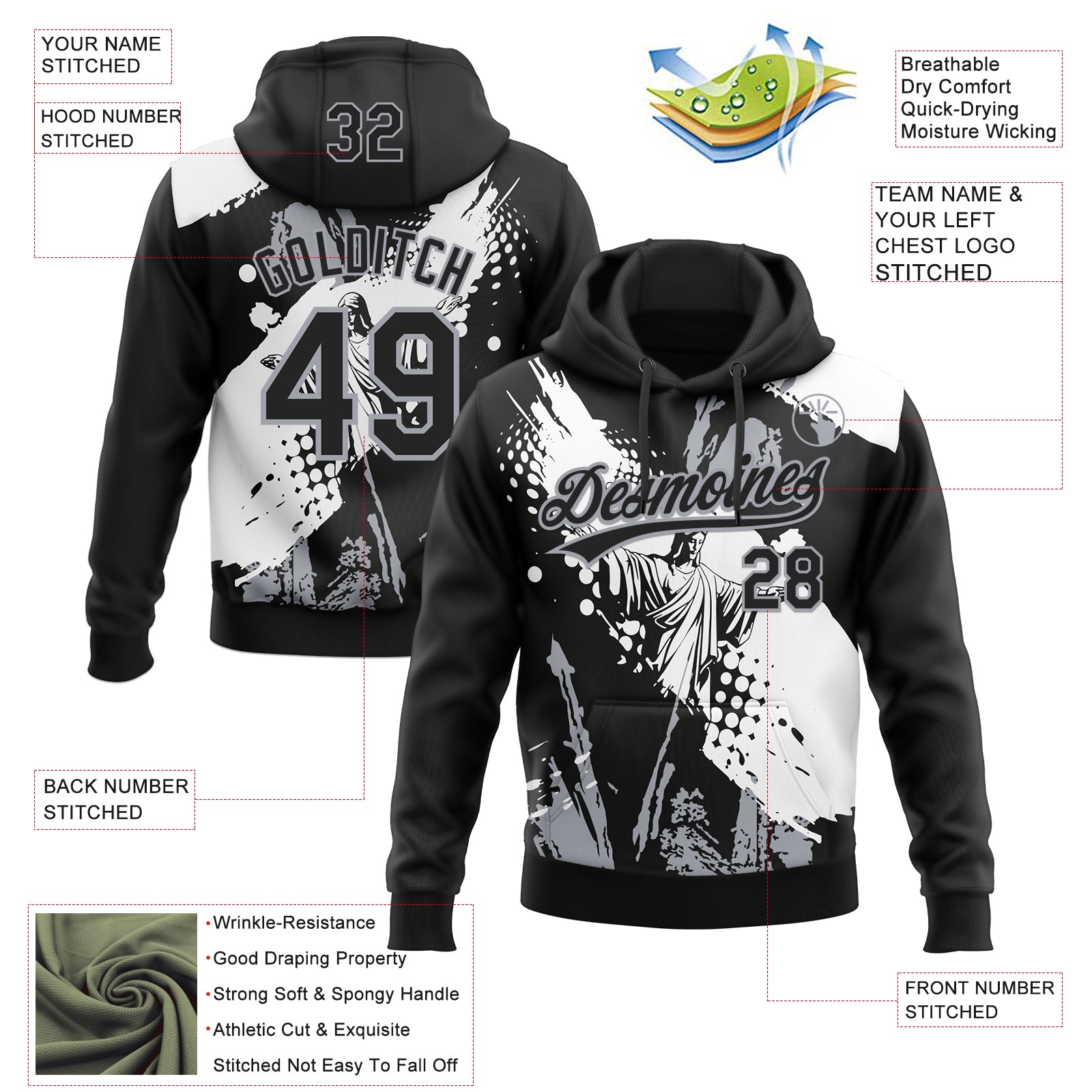 Custom Stitched Black White-Gray Religion Jesus Christ Pullover Sweatshirt Hoodie