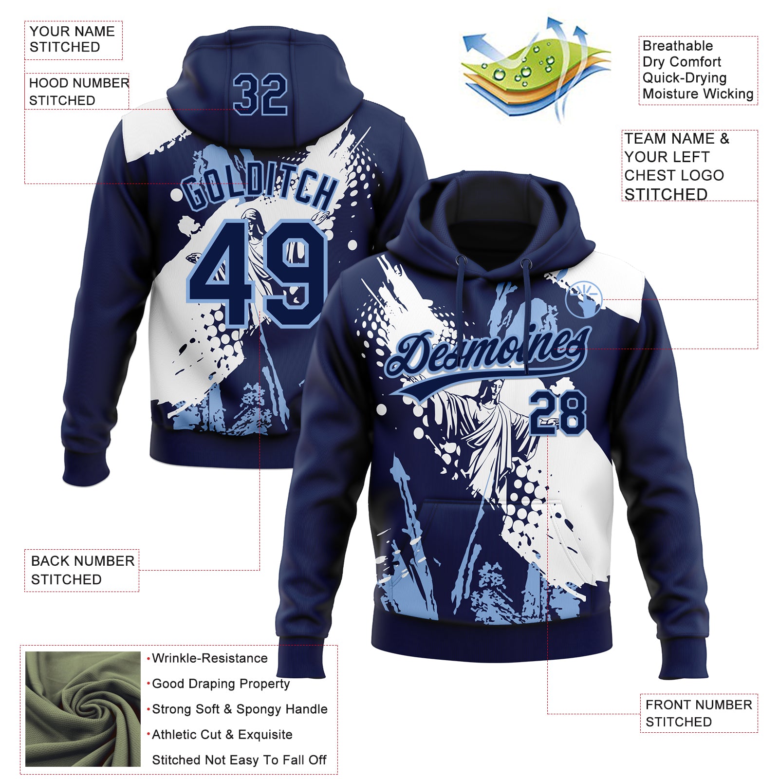 Custom Stitched Navy Light Blue-White Religion Jesus Christ Pullover Sweatshirt Hoodie