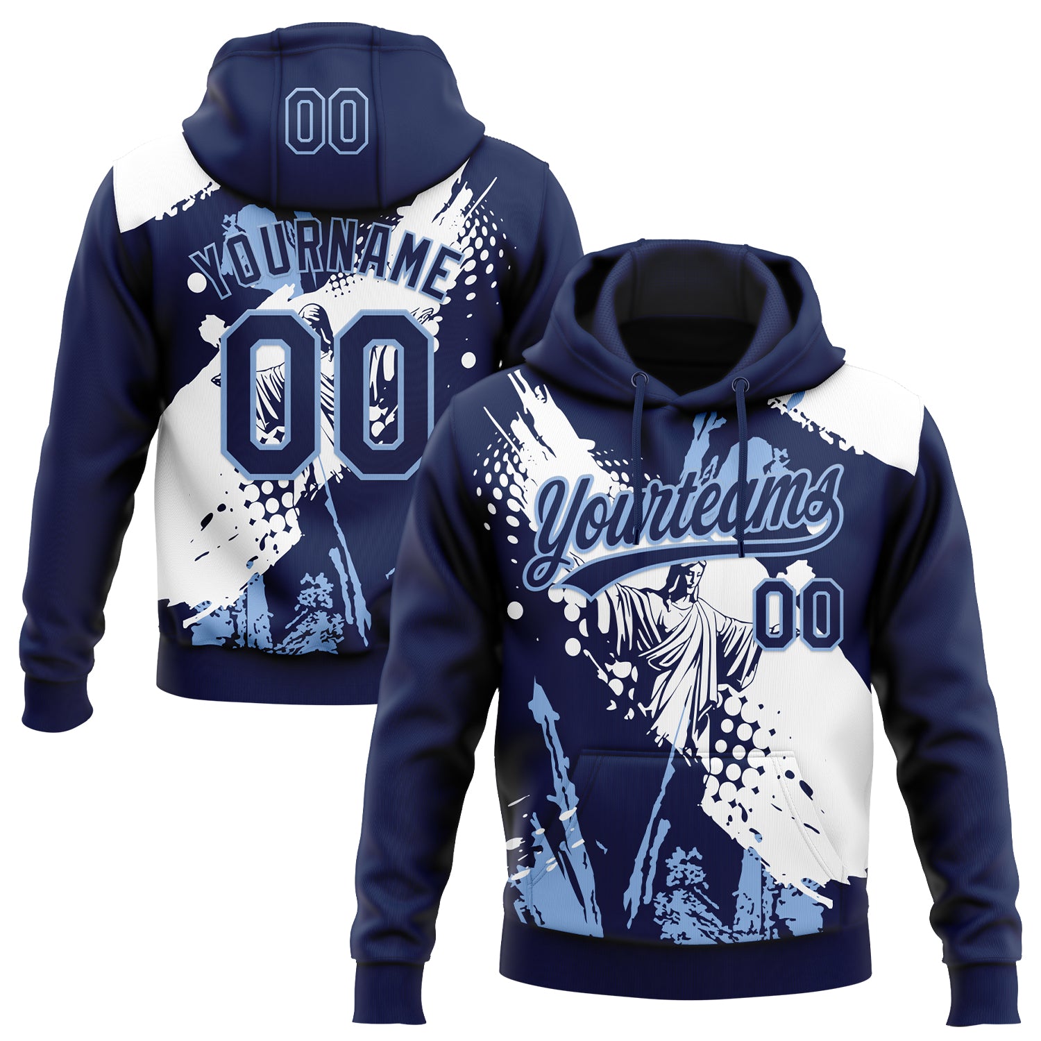 Custom Stitched Navy Light Blue-White Religion Jesus Christ Pullover Sweatshirt Hoodie