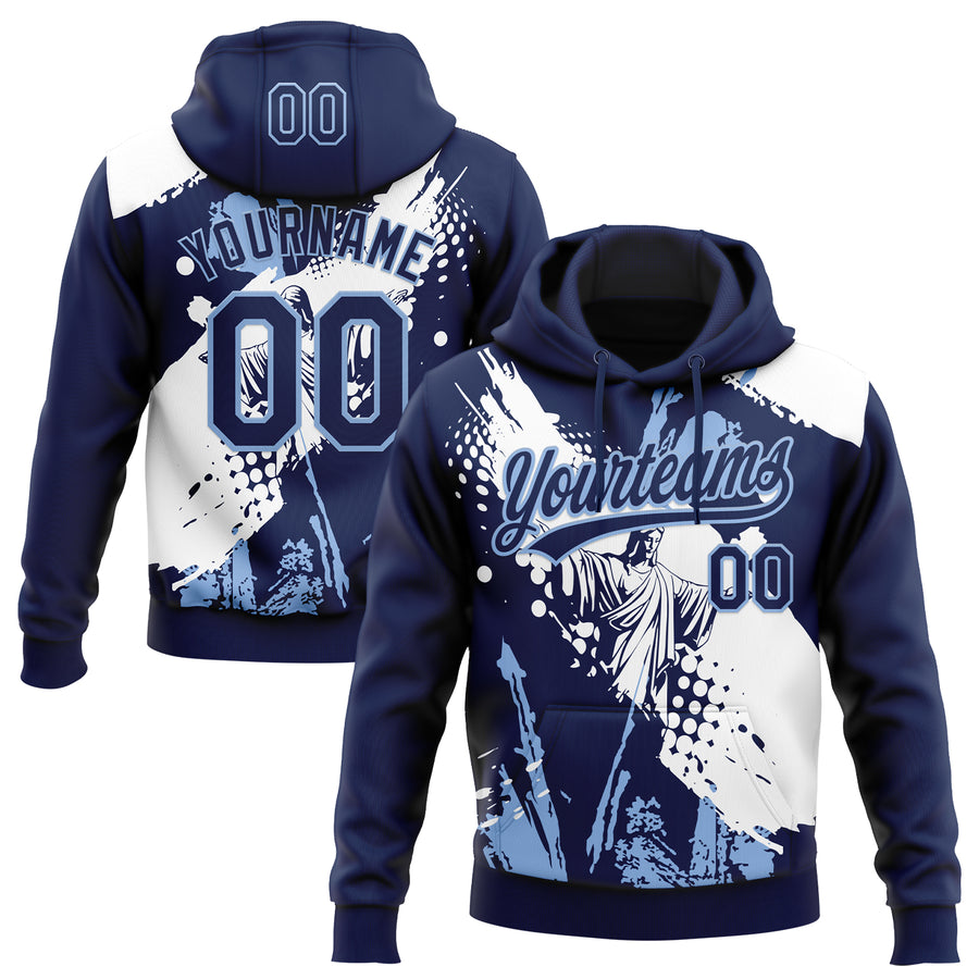 Custom Stitched Navy Light Blue-White Religion Jesus Christ Pullover Sweatshirt Hoodie