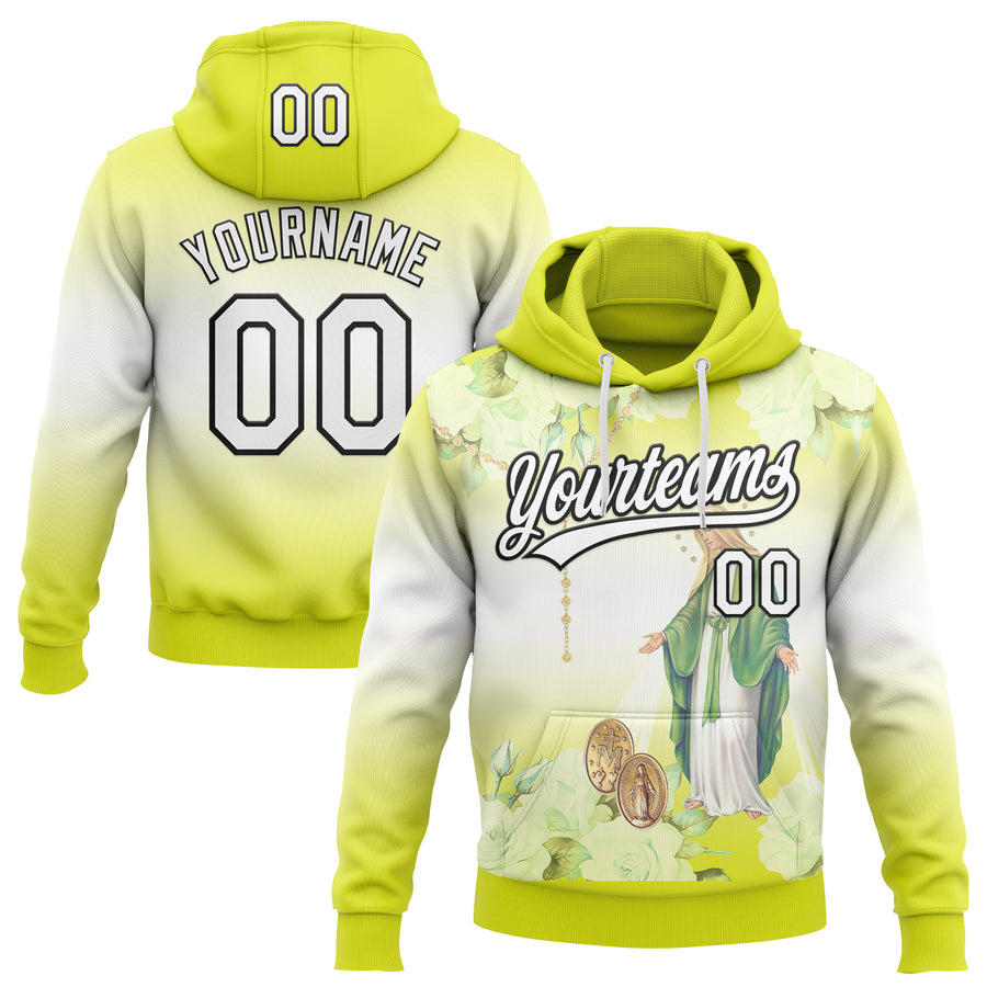 Custom Stitched Neon Yellow White-Black Religion The Virgin Mary Pullover Sweatshirt Hoodie