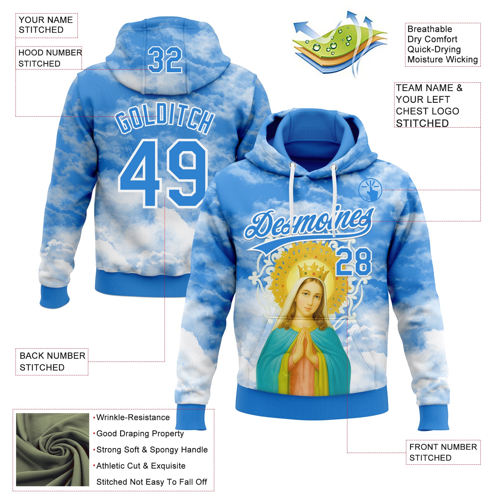 Custom Stitched Powder Blue White Religion The Virgin Mary Pullover Sweatshirt Hoodie
