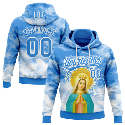 Custom Stitched Powder Blue White Religion The Virgin Mary Pullover Sweatshirt Hoodie