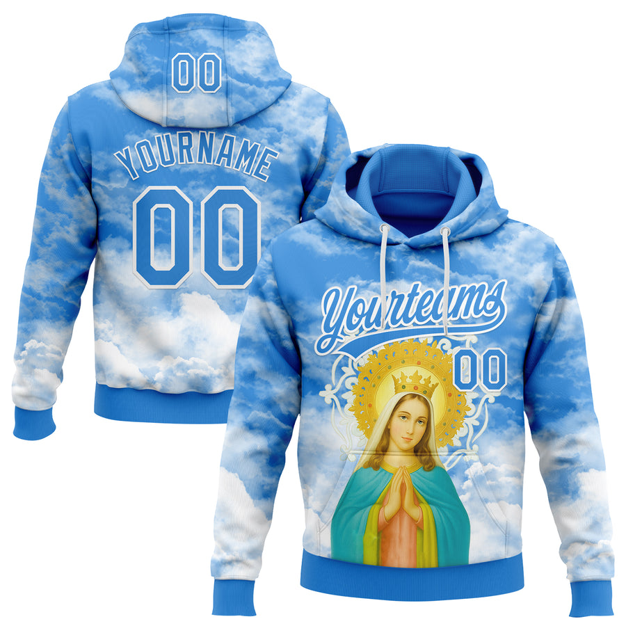 Custom Stitched Powder Blue White Religion The Virgin Mary Pullover Sweatshirt Hoodie