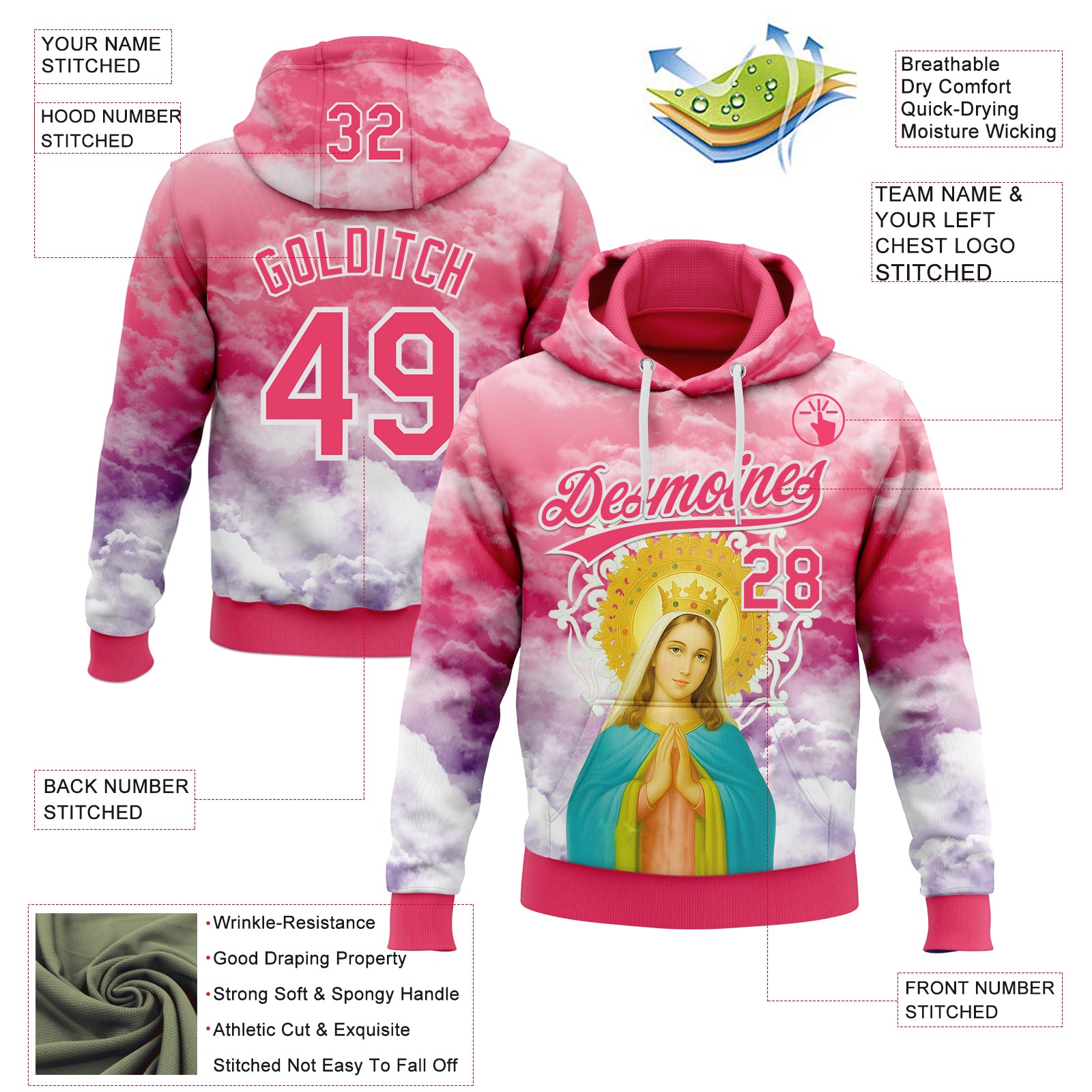 Custom Stitched Neon Pink Purple-White Religion The Virgin Mary Pullover Sweatshirt Hoodie