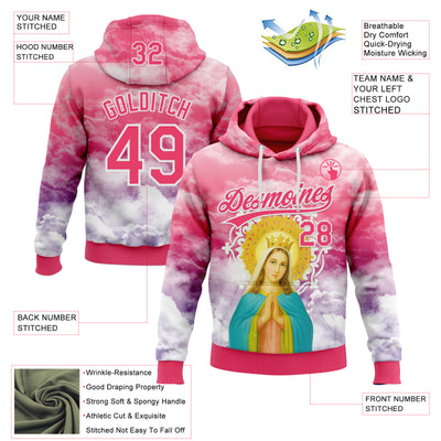 Custom Stitched Neon Pink Purple-White Religion The Virgin Mary Pullover Sweatshirt Hoodie