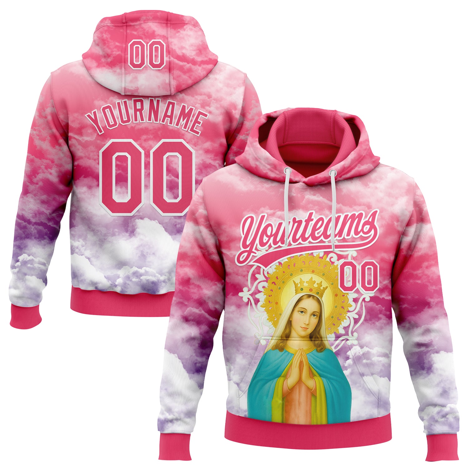 Custom Stitched Neon Pink Purple-White Religion The Virgin Mary Pullover Sweatshirt Hoodie
