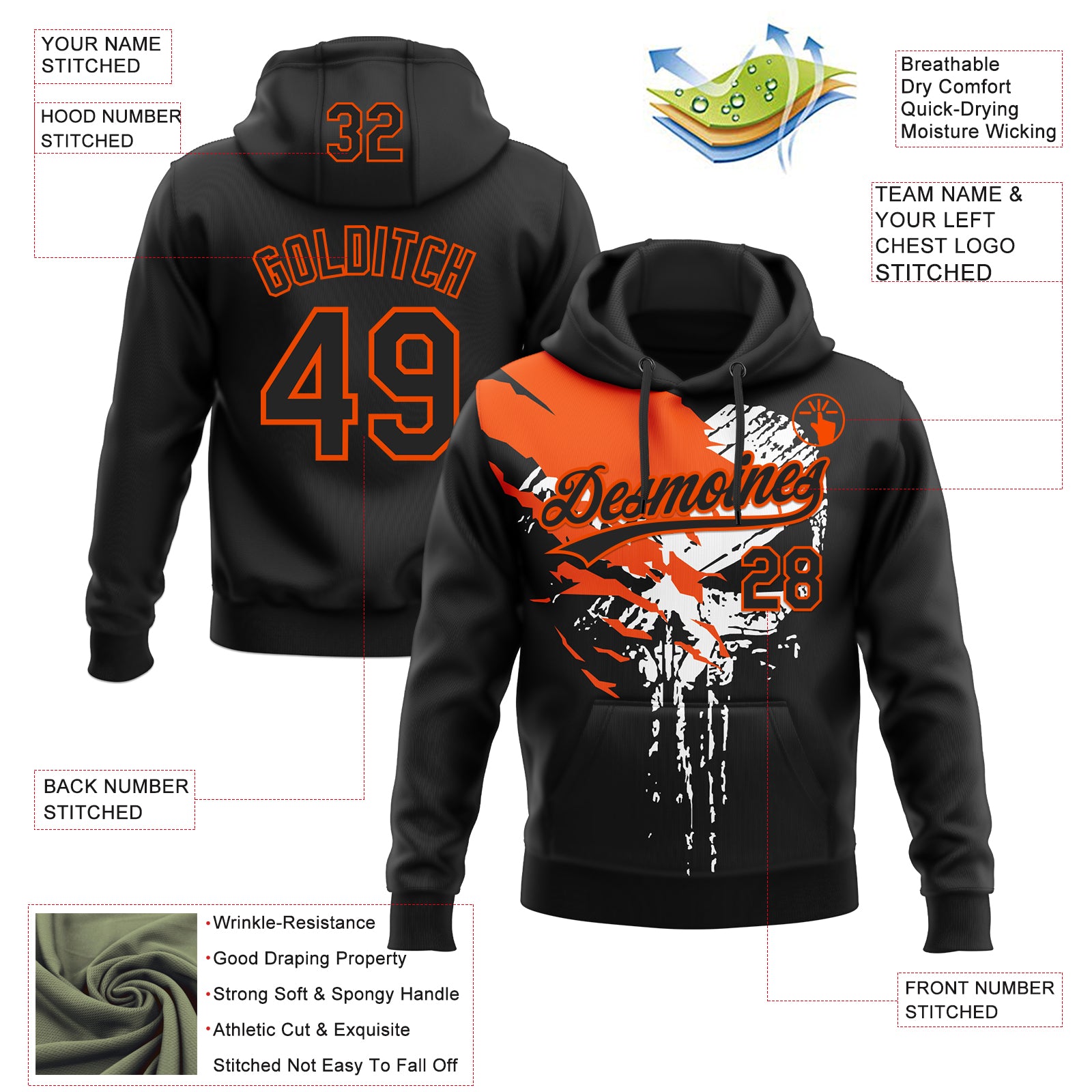 Custom Stitched Black Orange-White Skull Pattern Pullover Sweatshirt Hoodie