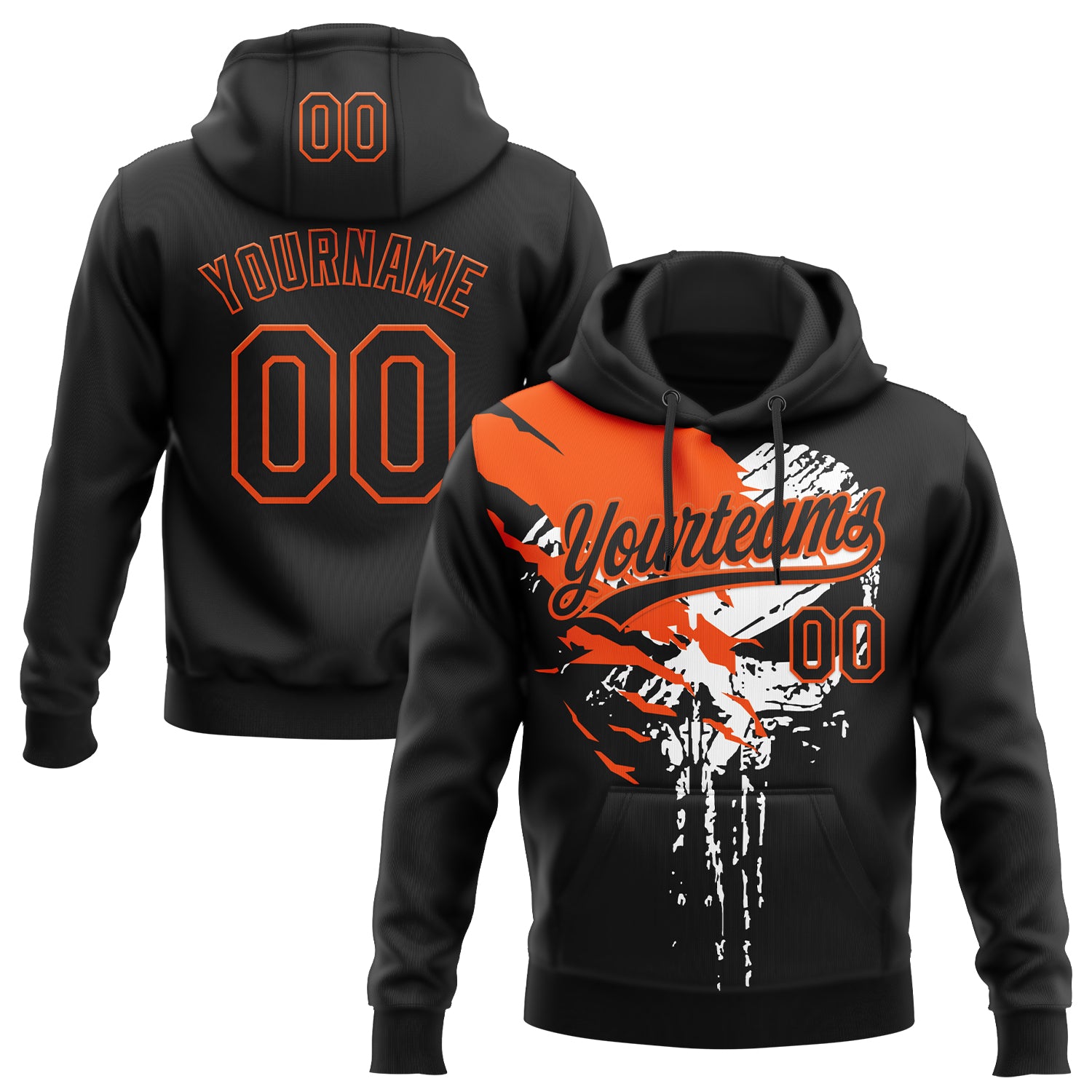Custom Stitched Black Orange-White Skull Pattern Pullover Sweatshirt Hoodie