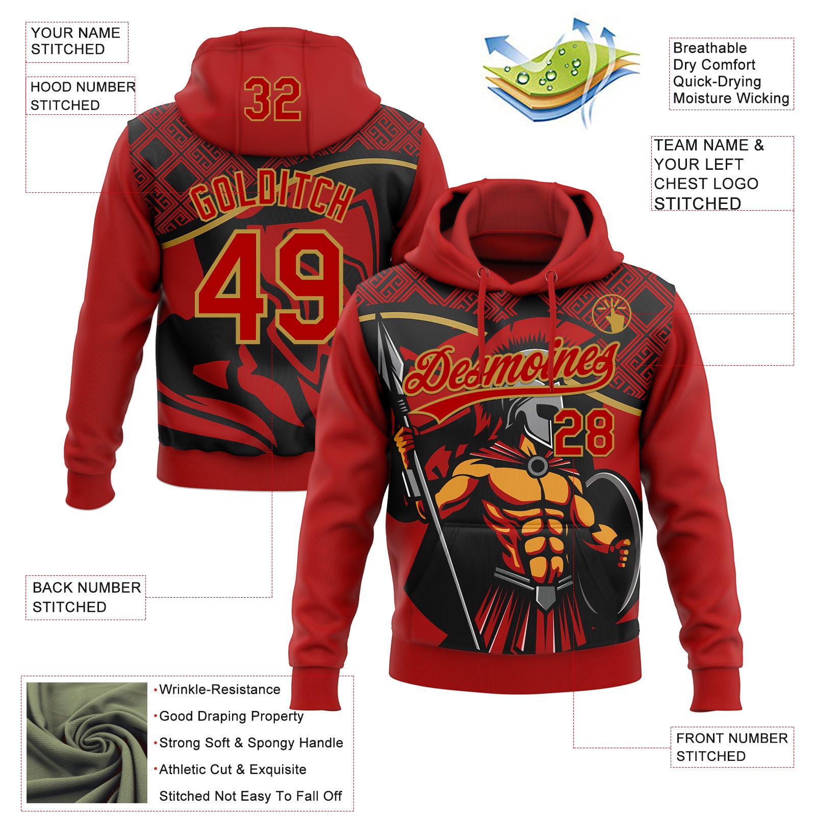 Custom Stitched Red Black-Old Gold Knight Pattern Pullover Sweatshirt Hoodie