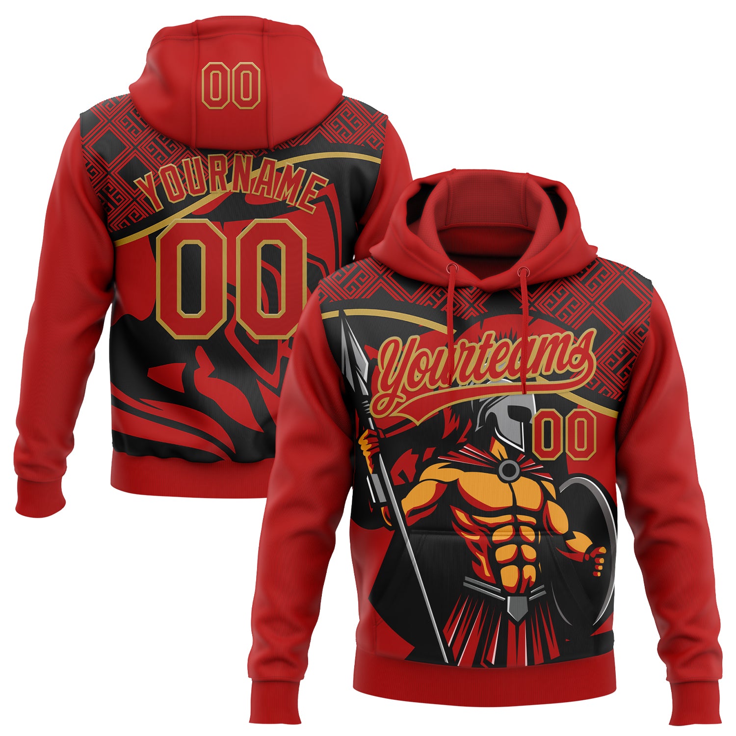 Custom Stitched Red Black-Old Gold Knight Pattern Pullover Sweatshirt Hoodie