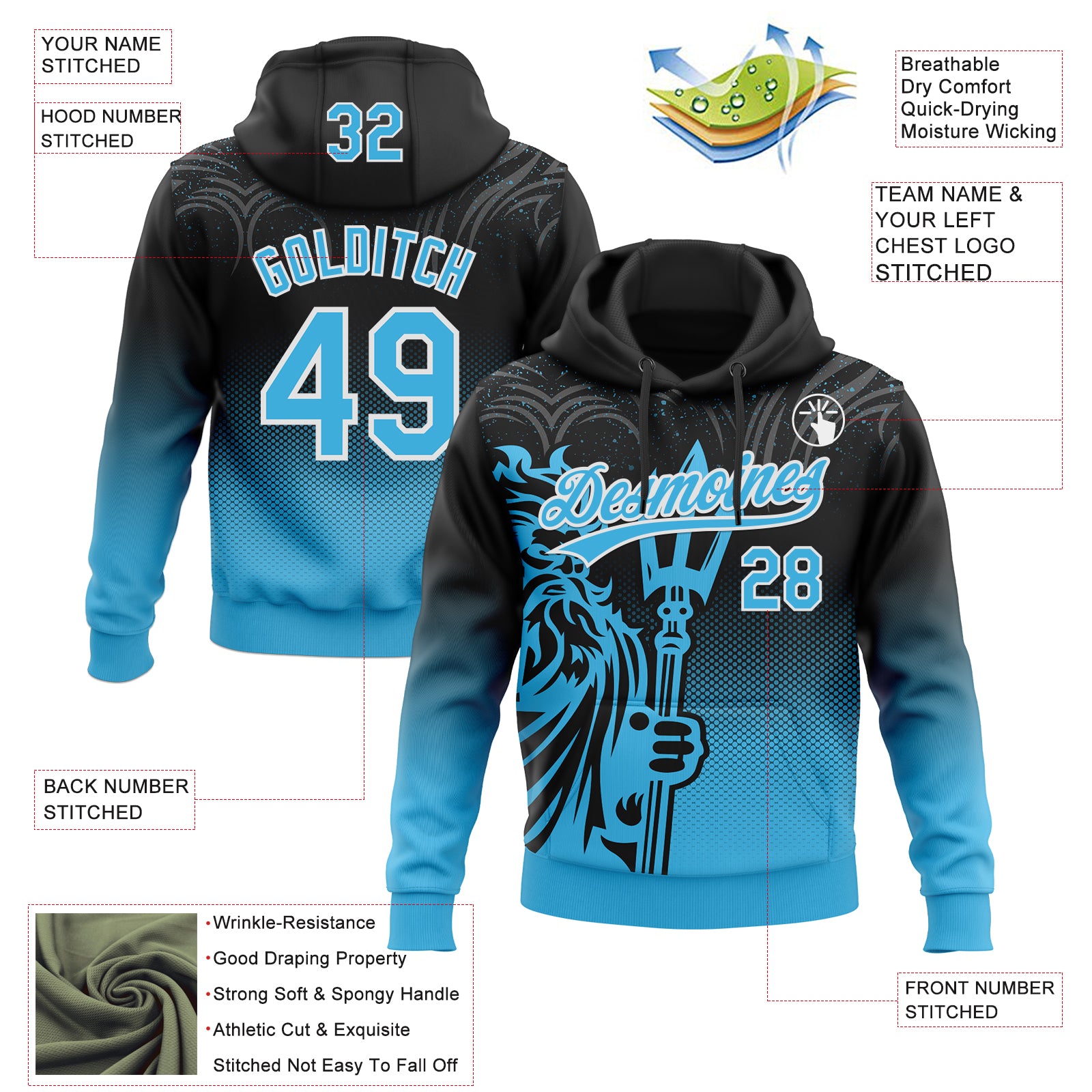 Custom Stitched Black Sky Blue-White Knight Pattern Pullover Sweatshirt Hoodie