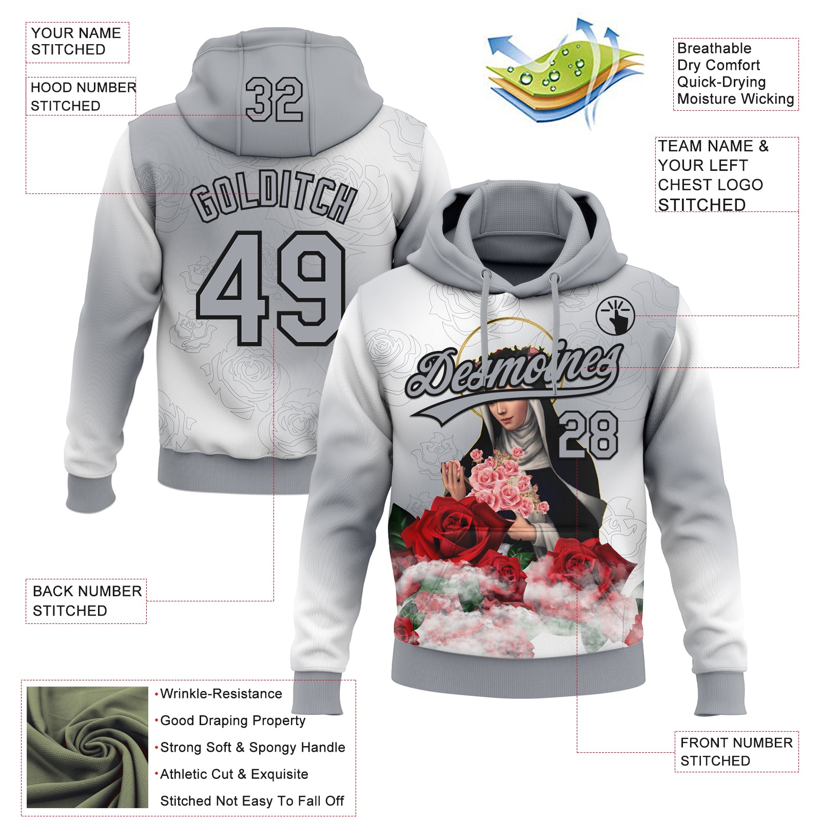 Custom Stitched Gray Black-White Religion The Virgin Mary Pullover Sweatshirt Hoodie