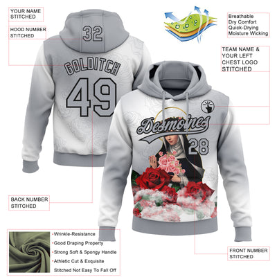 Custom Stitched Gray Black-White Religion The Virgin Mary Pullover Sweatshirt Hoodie