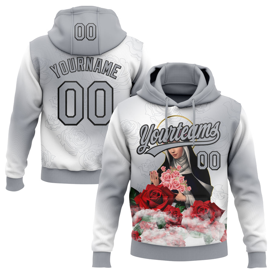 Custom Stitched Gray Black-White Religion The Virgin Mary Pullover Sweatshirt Hoodie