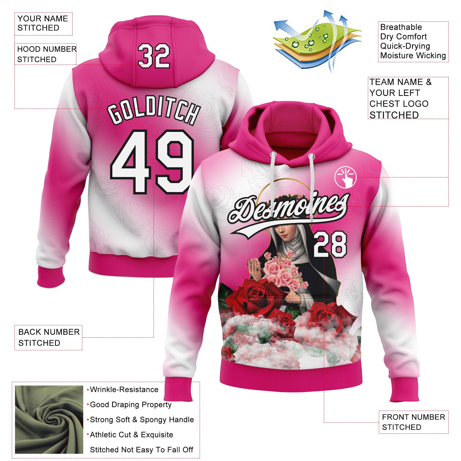 Custom Stitched Hot Pink White-Black Religion The Virgin Mary Pullover Sweatshirt Hoodie