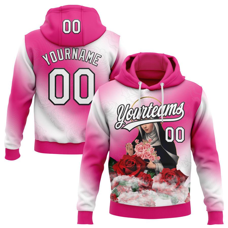 Custom Stitched Hot Pink White-Black Religion The Virgin Mary Pullover Sweatshirt Hoodie