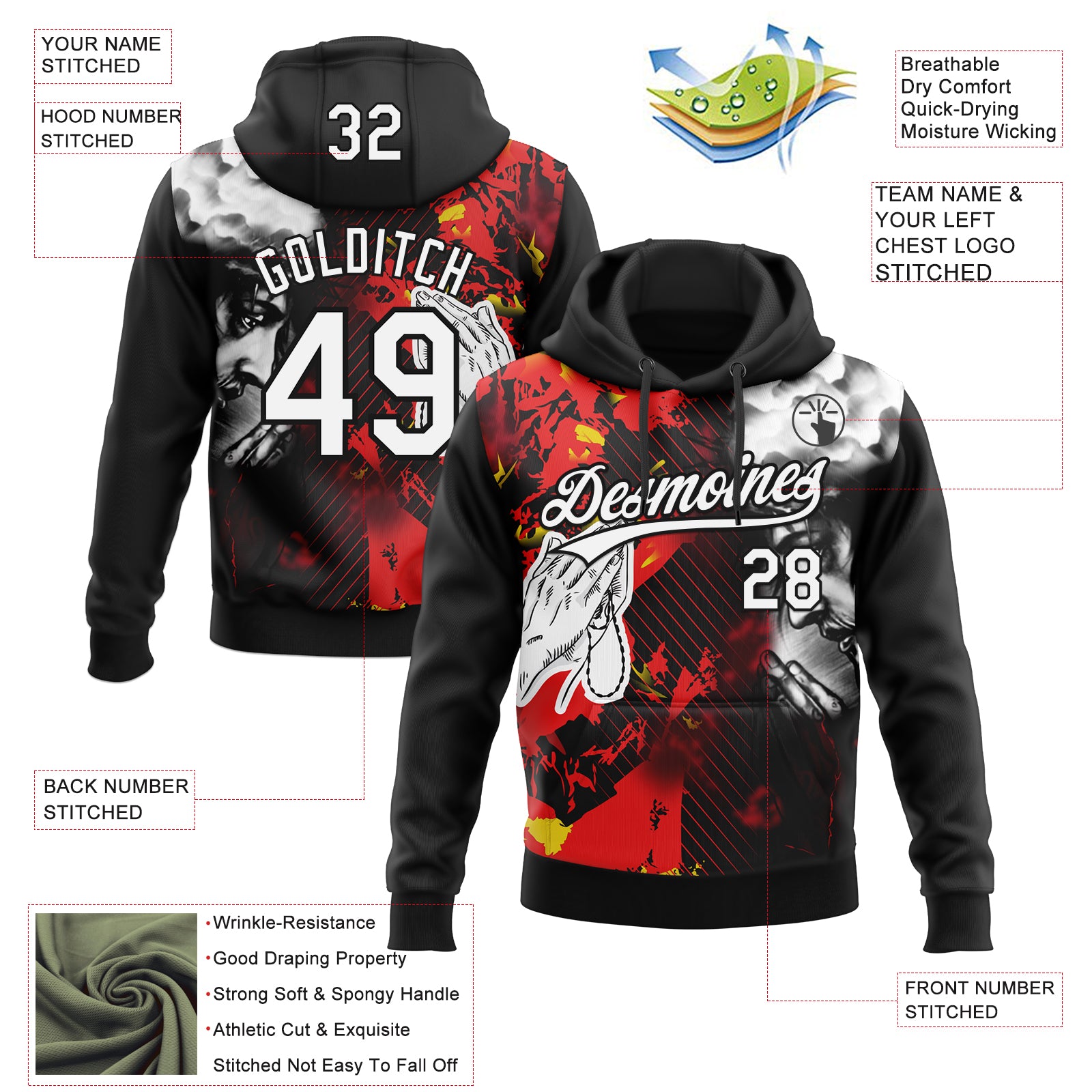 Custom Stitched Black White-Fire Red Religion Praying Hands Pullover Sweatshirt Hoodie