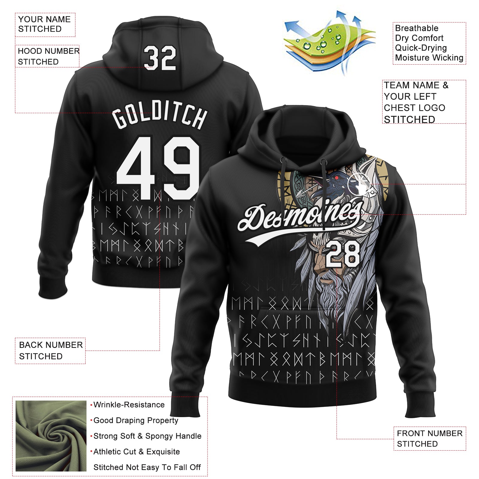 Custom Stitched Black White Viking Pattern Pullover Sweatshirt Hoodie