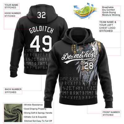 Custom Stitched Black White Viking Pattern Pullover Sweatshirt Hoodie