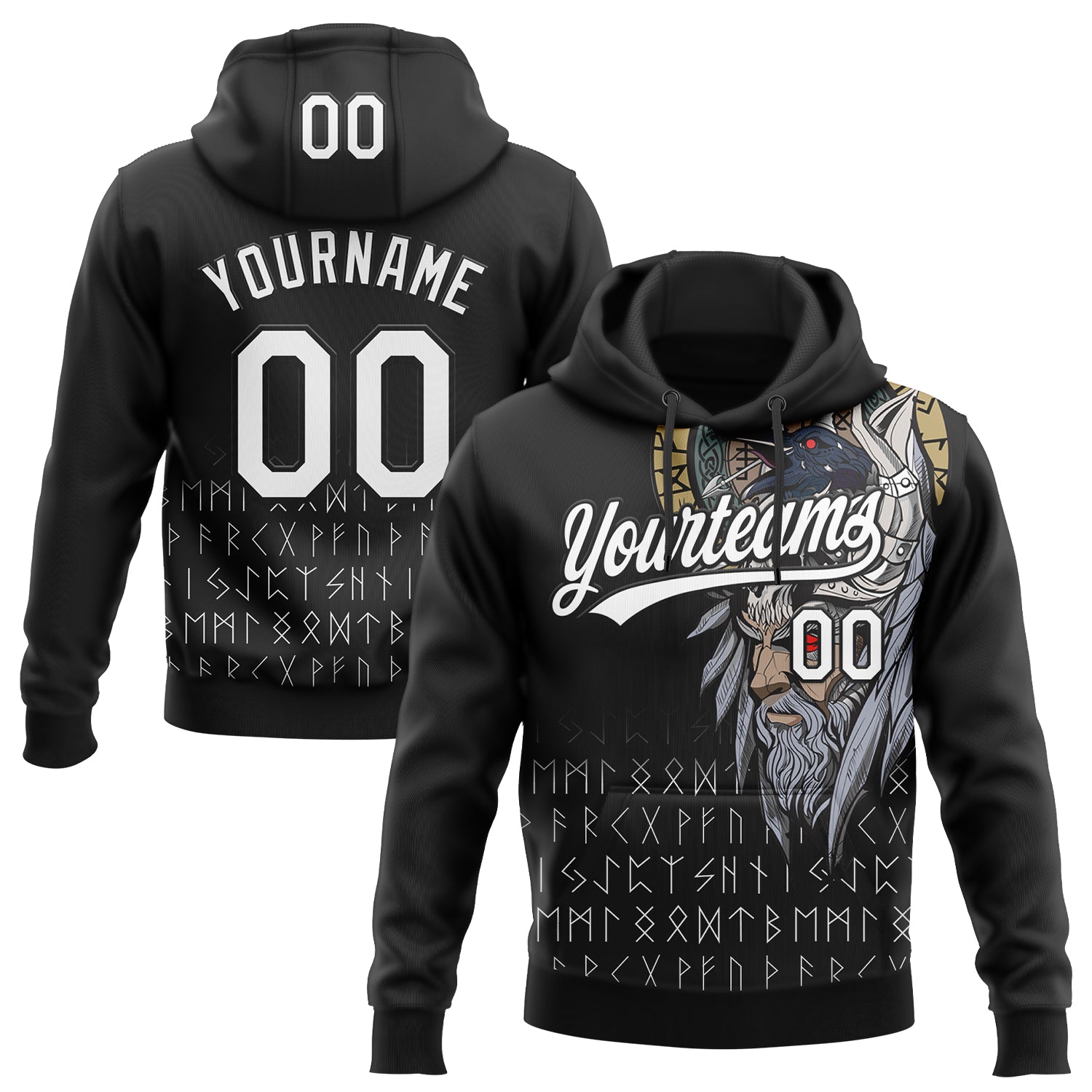 Custom Stitched Black White Viking Pattern Pullover Sweatshirt Hoodie