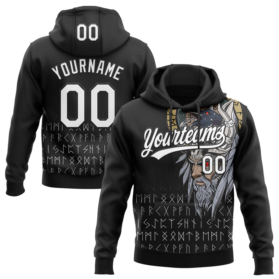 Custom Stitched Black White Viking Pattern Pullover Sweatshirt Hoodie