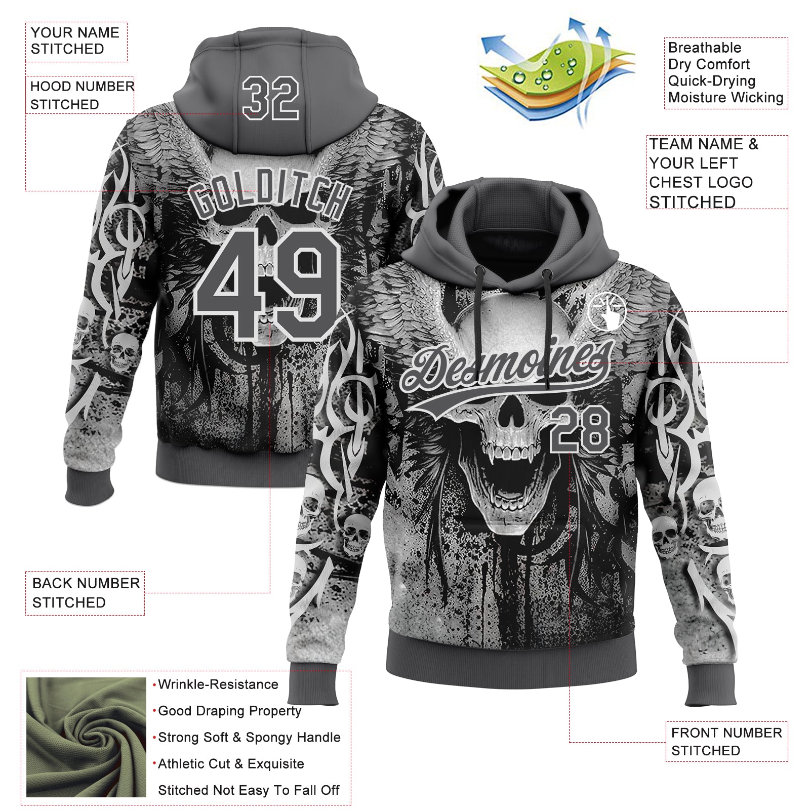 Custom Stitched Steel Gray Black-White Skull Pattern Pullover Sweatshirt Hoodie