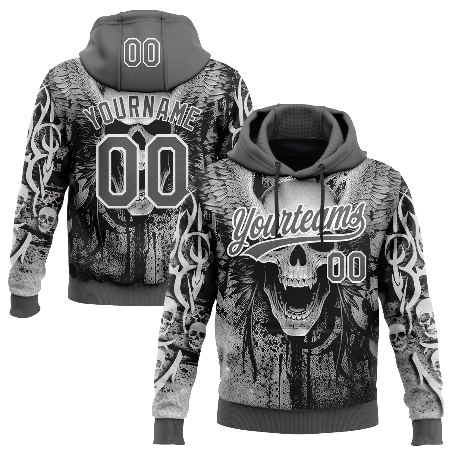 Custom Stitched Steel Gray Black-White Skull Pattern Pullover Sweatshirt Hoodie