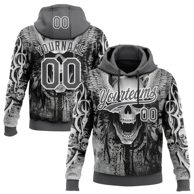 Custom Stitched Steel Gray Black-White Skull Pattern Pullover Sweatshirt Hoodie