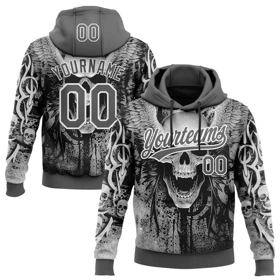 Custom Stitched Steel Gray Black-White Skull Pattern Pullover Sweatshirt Hoodie