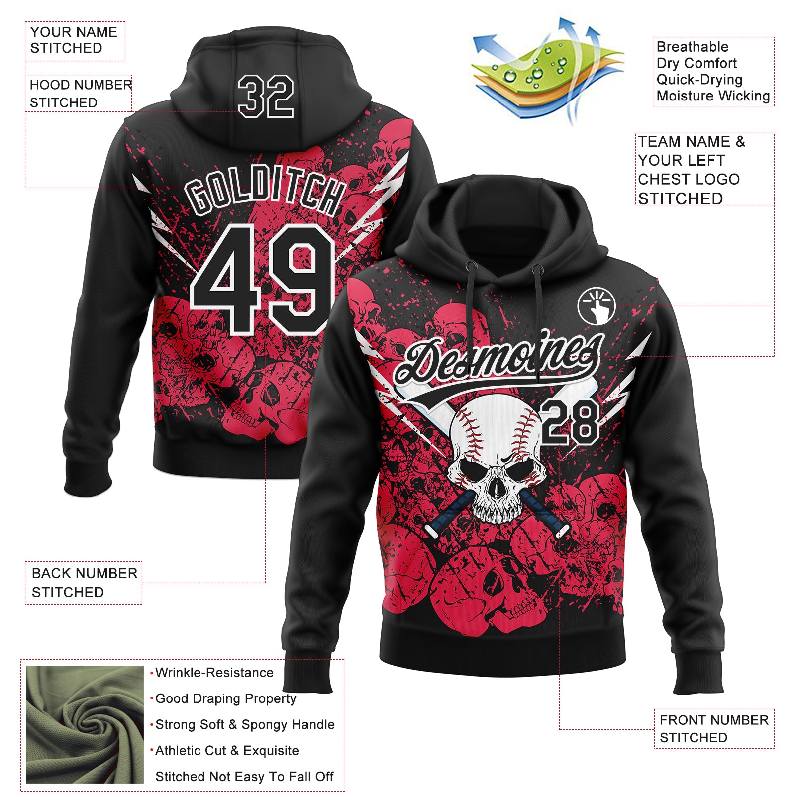 Custom Stitched Black Neon Pink-White Skull Pattern Pullover Sweatshirt Hoodie