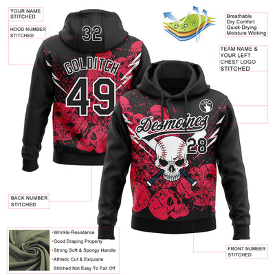 Custom Stitched Black Neon Pink-White Skull Pattern Pullover Sweatshirt Hoodie