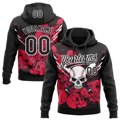 Custom Stitched Black Neon Pink-White Skull Pattern Pullover Sweatshirt Hoodie