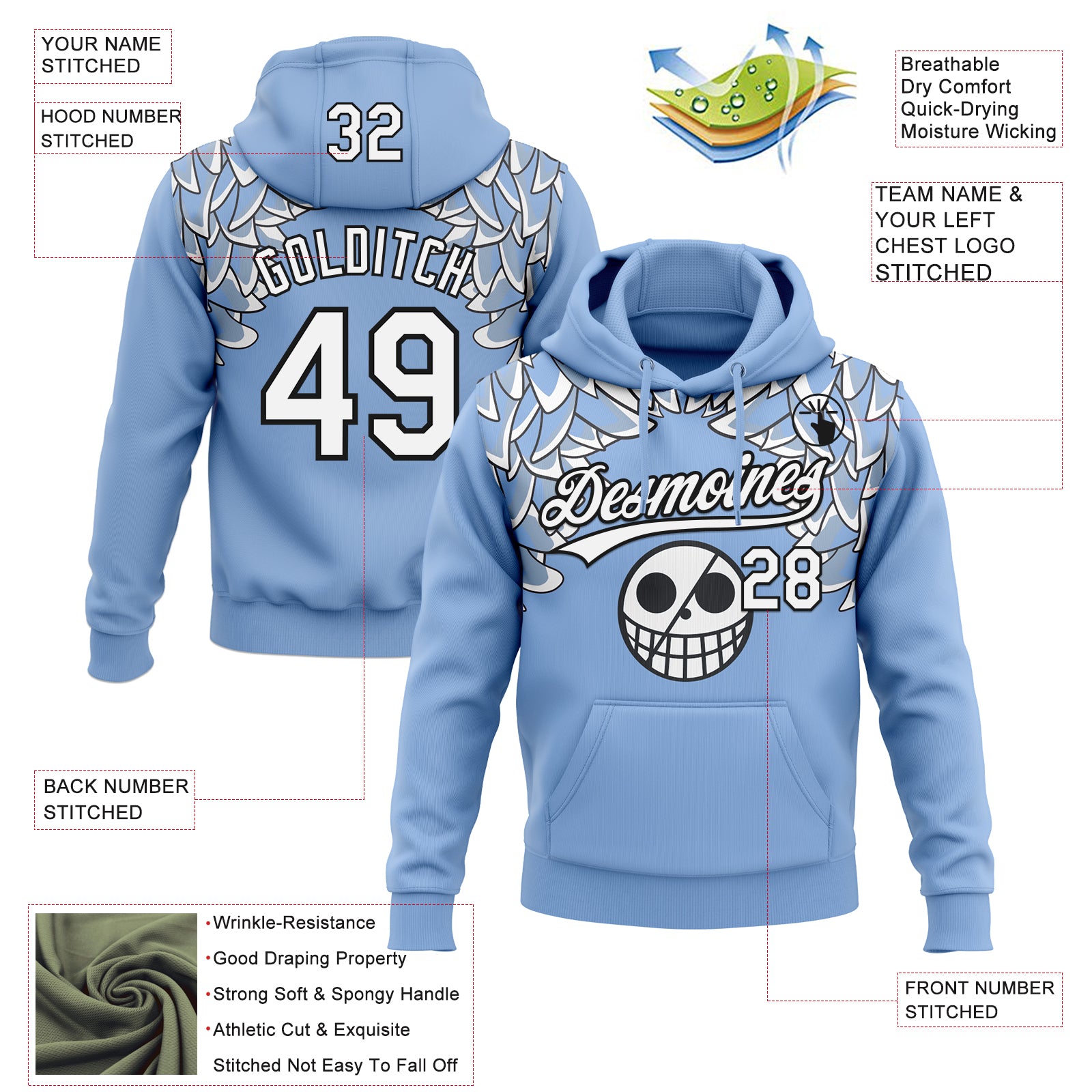 Custom Stitched Light Blue White-Black Skull Pattern Pullover Sweatshirt Hoodie