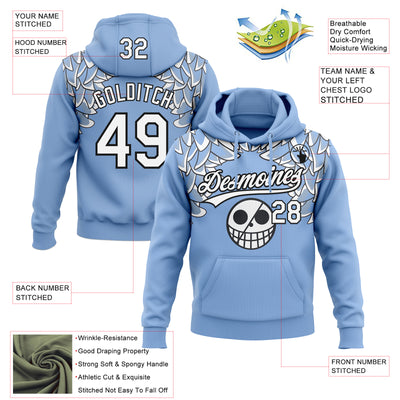 Custom Stitched Light Blue White-Black Skull Pattern Pullover Sweatshirt Hoodie