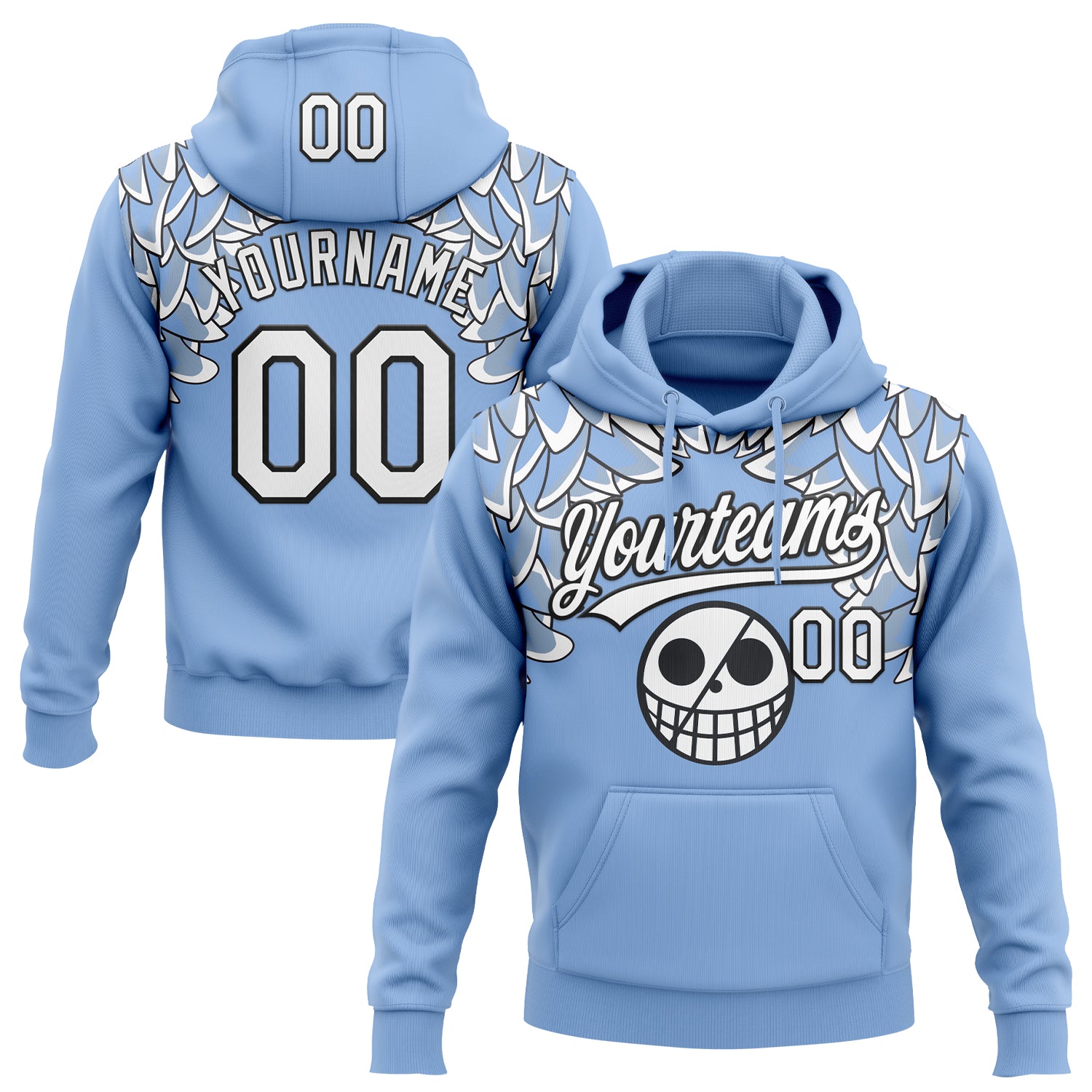 Custom Stitched Light Blue White-Black Skull Pattern Pullover Sweatshirt Hoodie